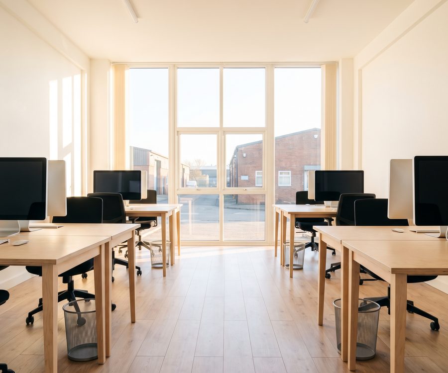 A small office with clear desks, chairs pushed in and empty bins, early in the morning