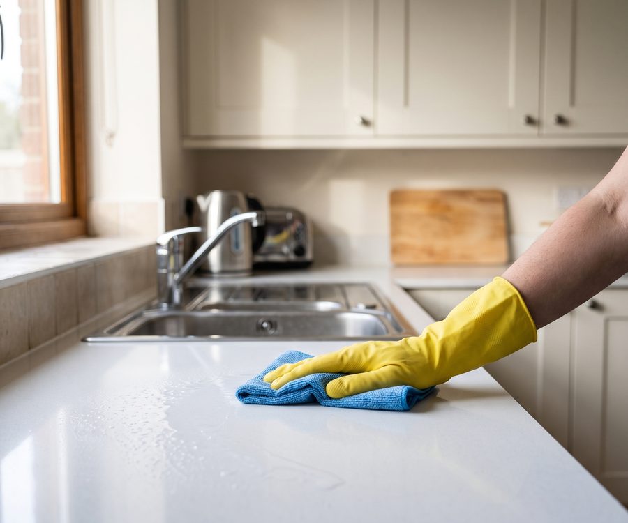 A gloved hand wiping a kitchen worktop with a microfibre cloth
