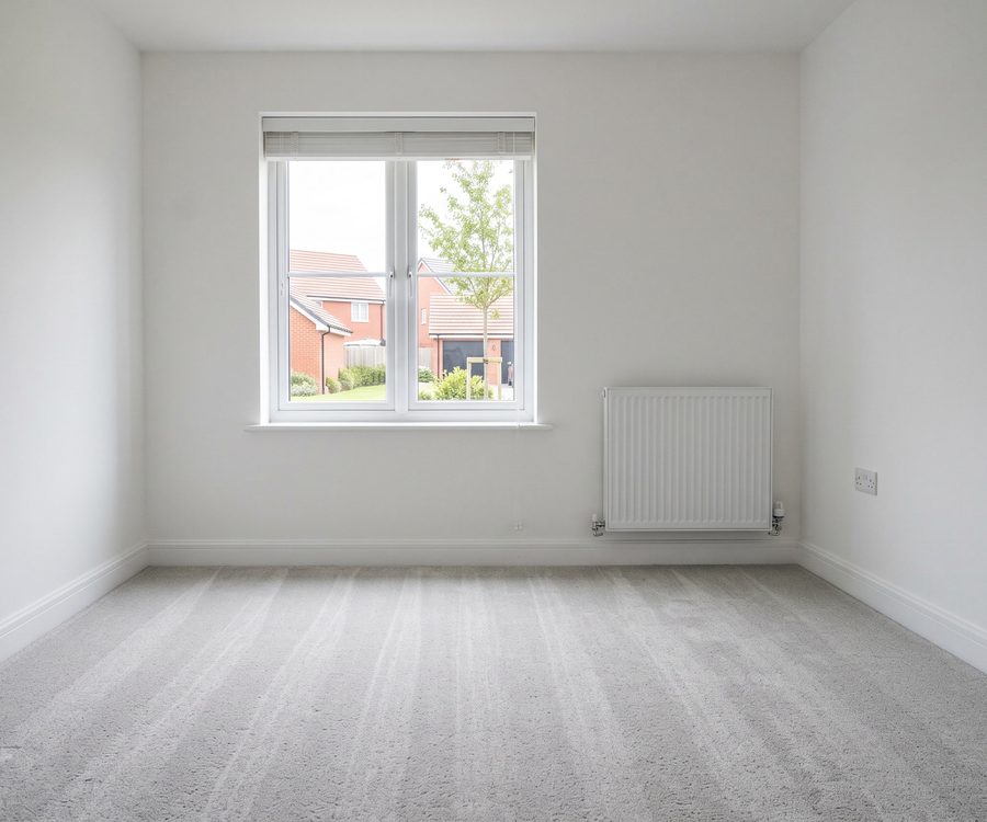 An empty carpeted room with bare walls and a clean window, ready to hand back
