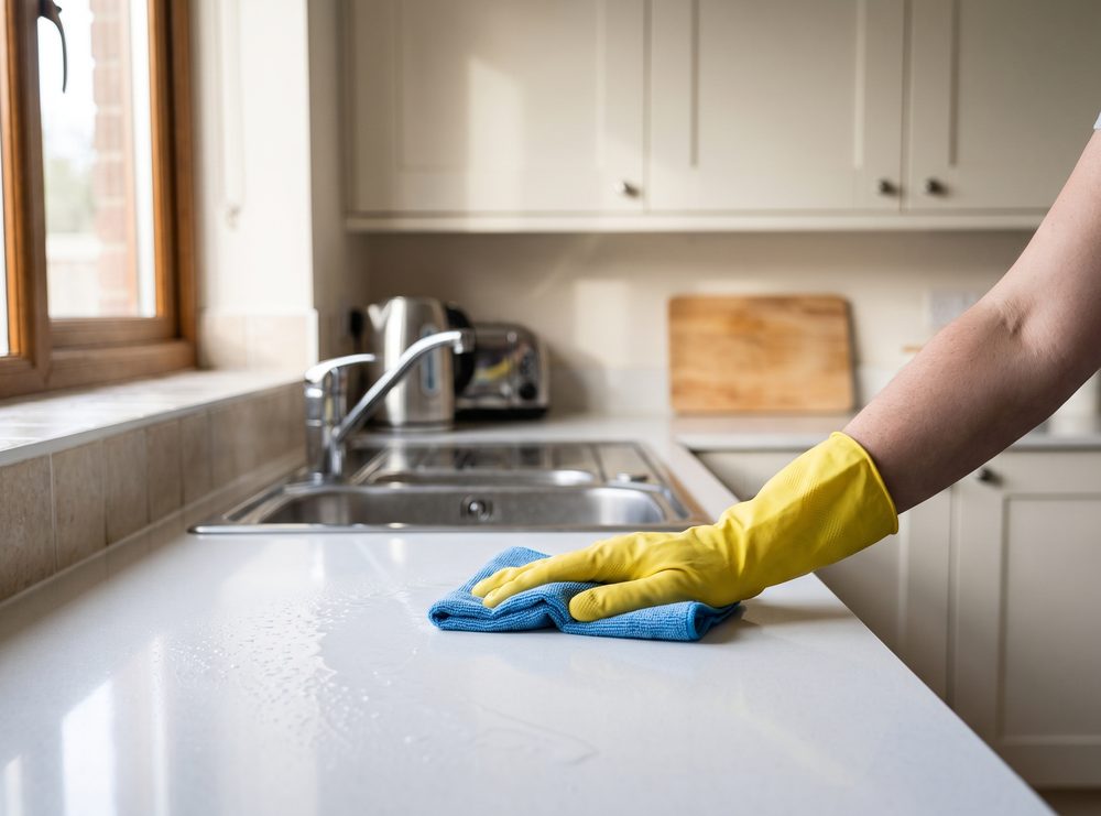 A gloved hand wiping a quartz kitchen worktop with a folded microfibre cloth
