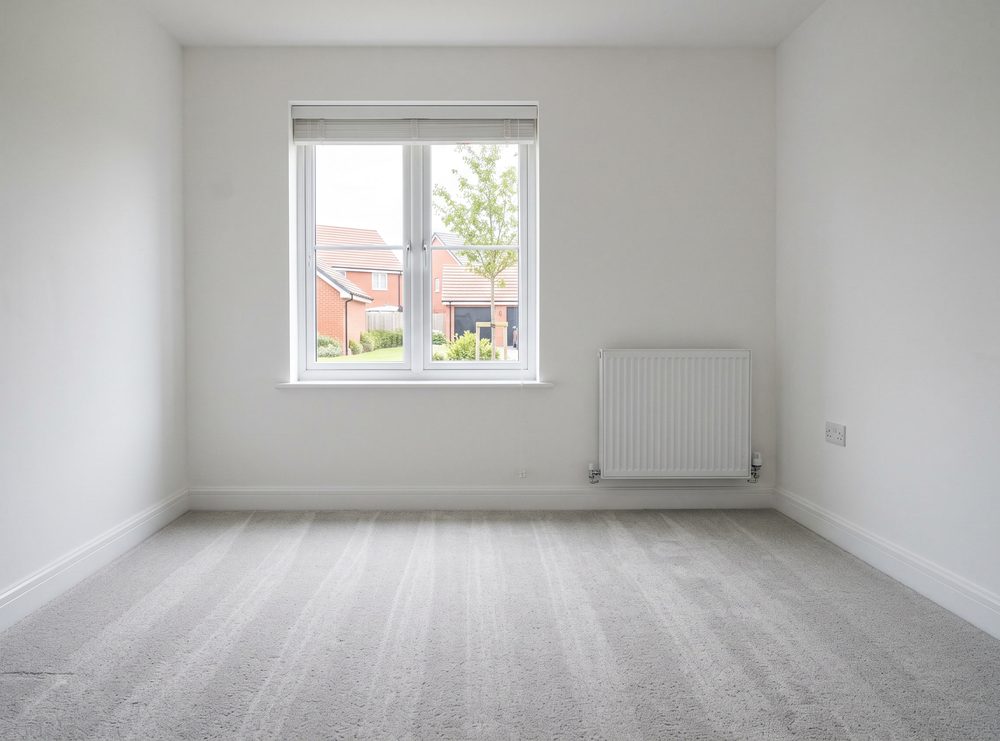 An empty carpeted living room with bare white walls, clean skirtings and a clear window