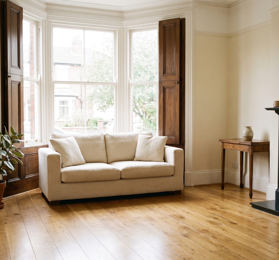 A bay fronted living room with a clean oak floor and clear surfaces, photographed in afternoon light