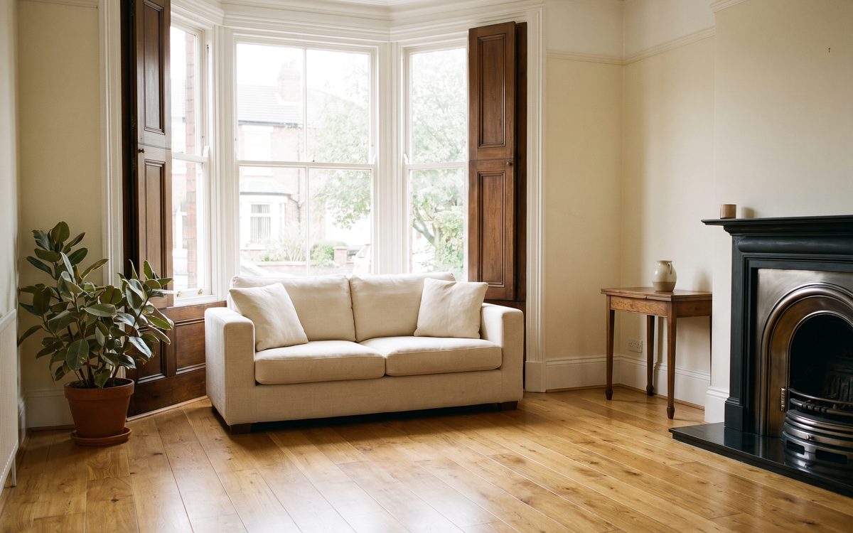 A bay fronted living room with a clean oak floor and clear surfaces, photographed in afternoon light