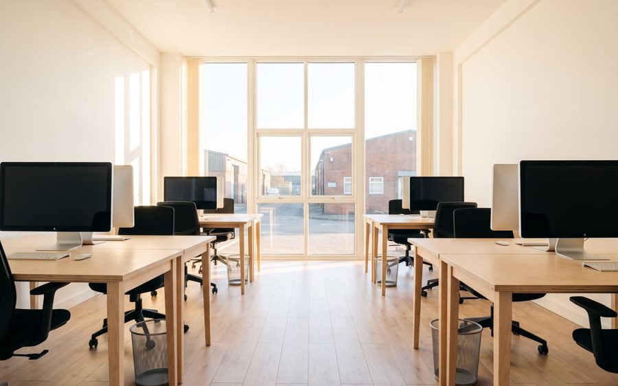 A small office with clear desks, chairs pushed in and empty bins, early in the morning