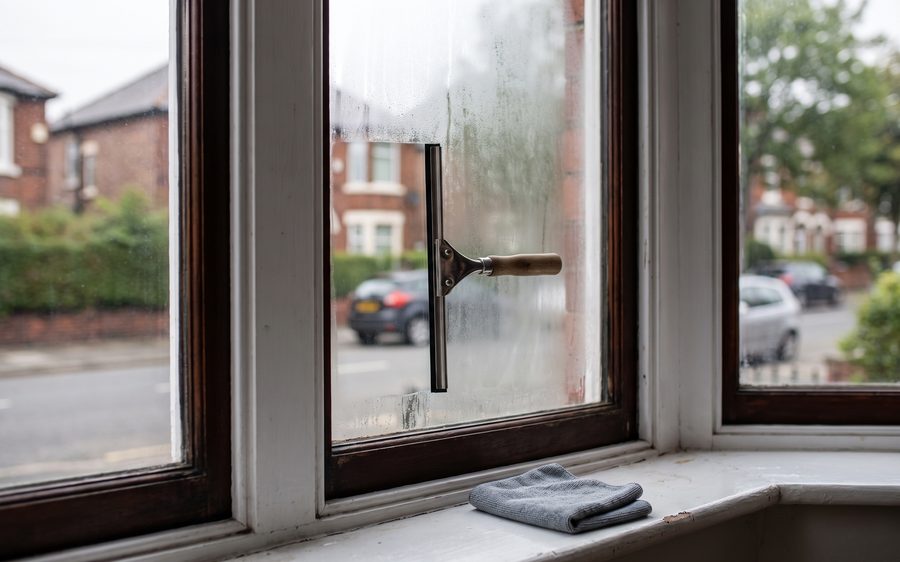 A squeegee drawn down the inside of a bay window leaving a clear band on the glass