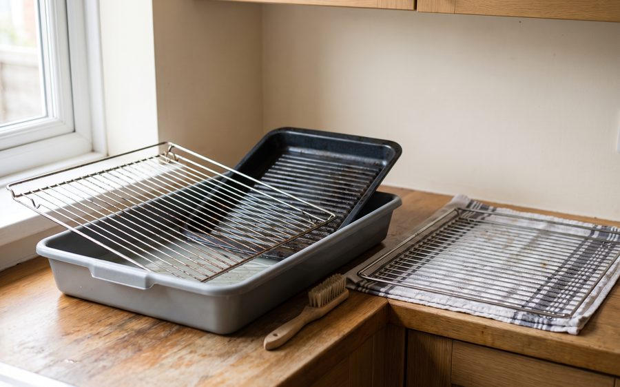 Wire oven shelves and a grill pan soaking in a shallow tray on a kitchen worktop